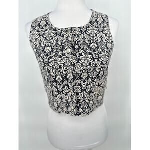 Vintage Swedish‎ Damask Canvas Top Vest Black White Artsy Boho Size XS Baroque